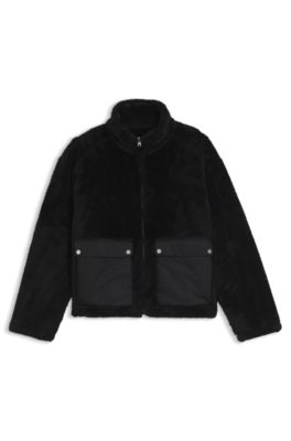 Faux fur jacket with contrasting patch pockets, Black
