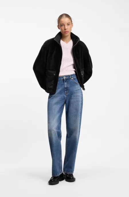 Faux fur coat with contrasting patch pockets