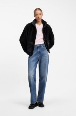 Faux fur coat with contrasting patch pockets, Black