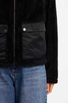 Faux fur coat with contrasting patch pockets, Black