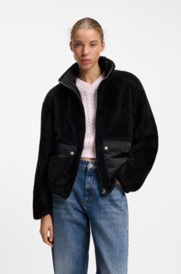 Faux fur coat with contrasting patch pockets, Black