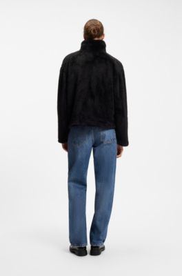 Faux fur coat with contrasting patch pockets, Black