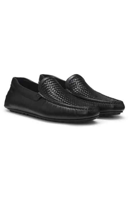 Leather moccasins with woven vamp