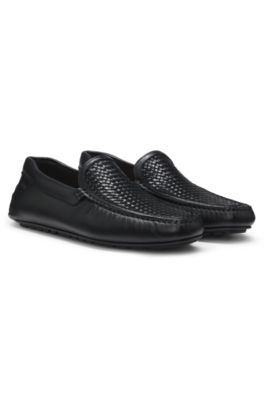 Mocasines de piel con empeine tejido, Negro