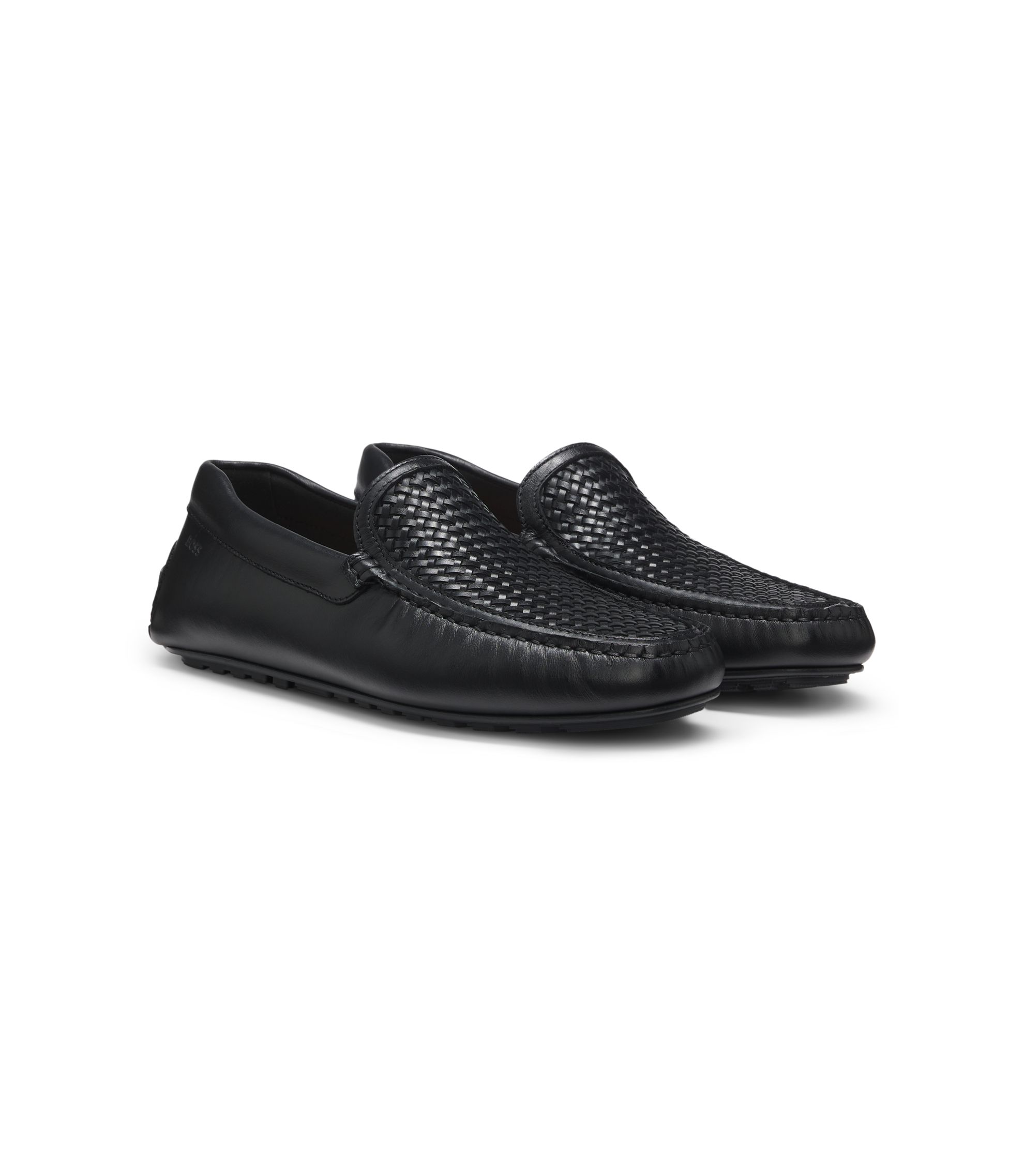 BOSS - Leather moccasins with woven vamp - Black