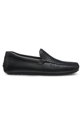 Leather moccasins with woven vamp, Black
