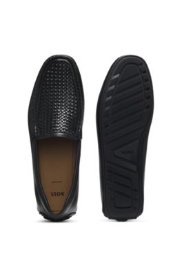 BOSS - Leather moccasins with woven vamp - Black
