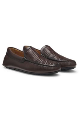 Leather moccasins with woven vamp, Dark Brown