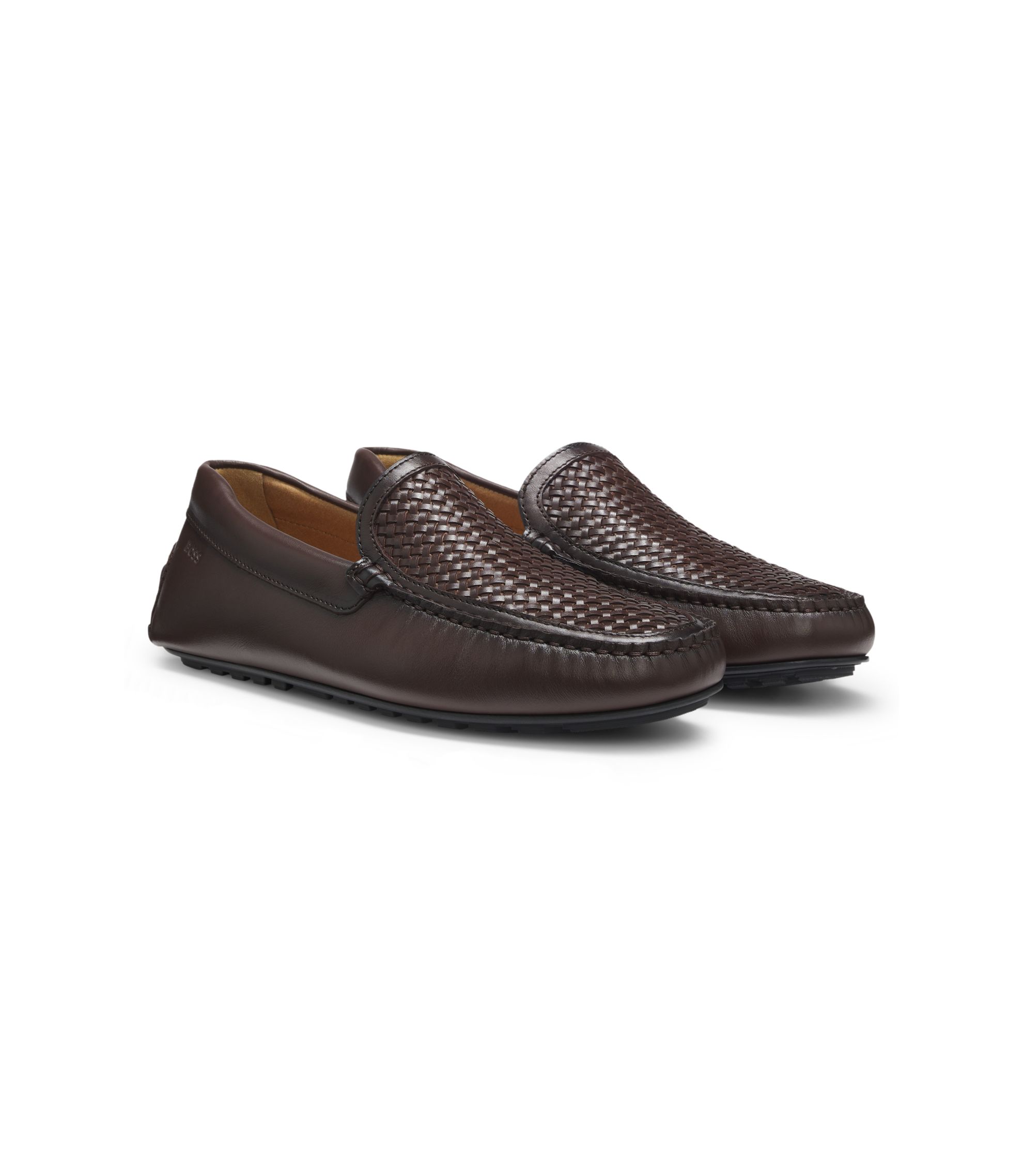 BOSS - Leather moccasins with woven vamp - Dark Brown
