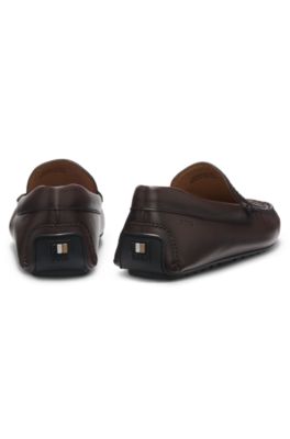 Leather moccasins with woven vamp, Dark Brown