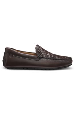 Leather moccasins with woven vamp, Dark Brown