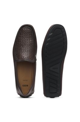 Leather moccasins with woven vamp, Dark Brown