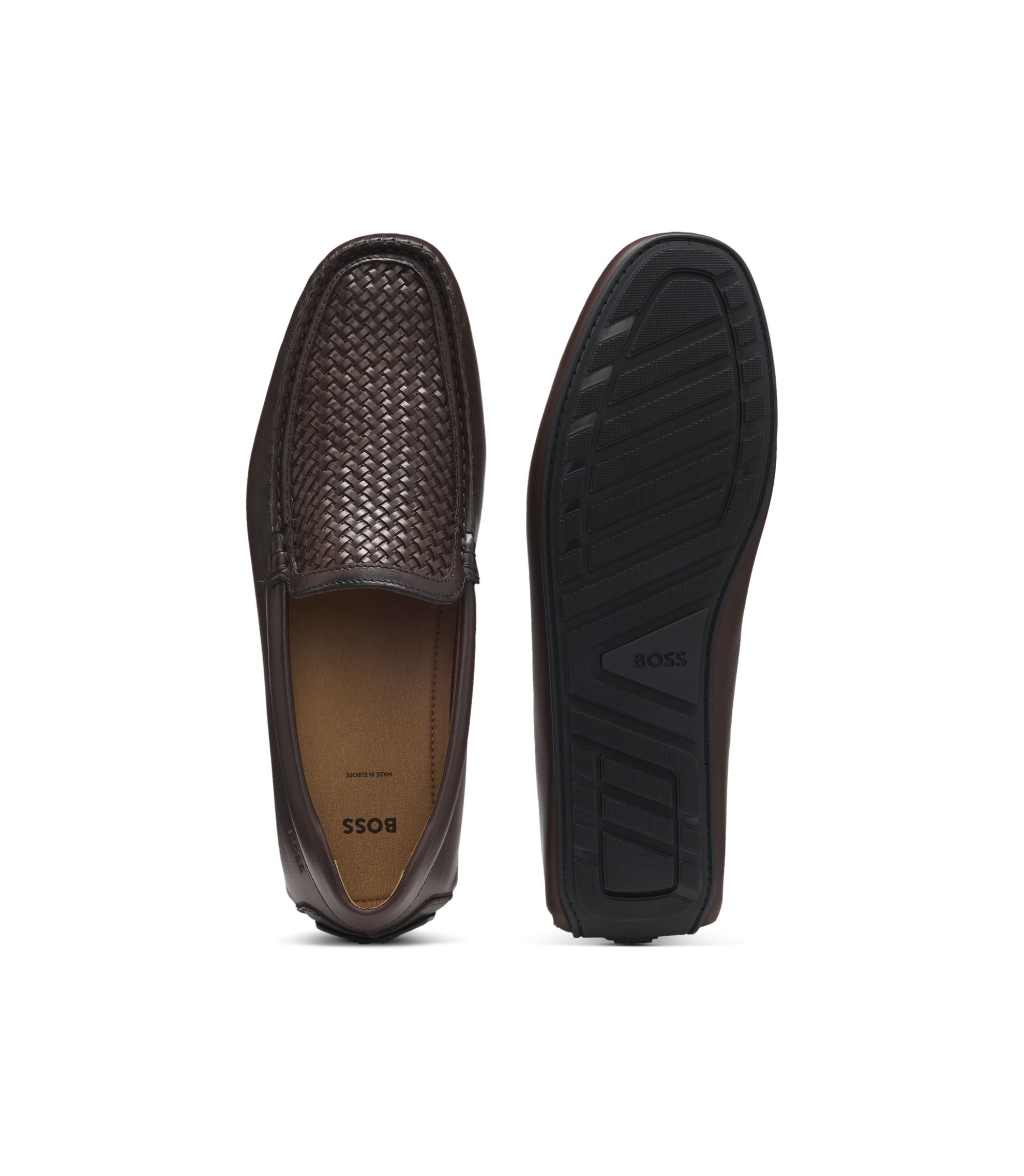 BOSS - Leather moccasins with woven vamp - Dark Brown