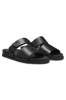 Leather slides with riptape strap, Black