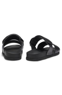 Leather slides with riptape strap, Black