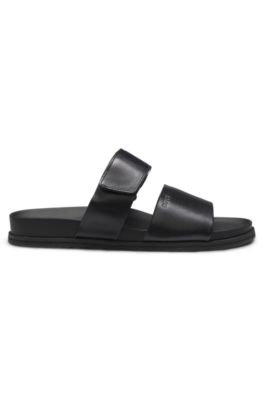 Leather slides with riptape strap, Black