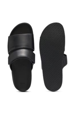 Leather slides with riptape strap, Black