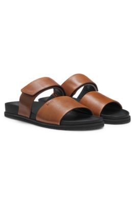 Leather slides with riptape strap, Dark Brown