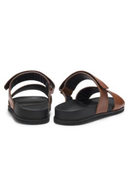 Leather slides with riptape strap, Dark Brown