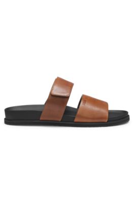 Leather slides with riptape strap, Dark Brown