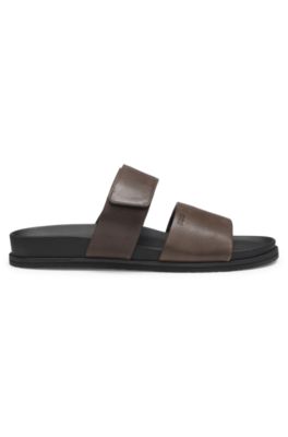 Leather slides with riptape strap, Dark Brown