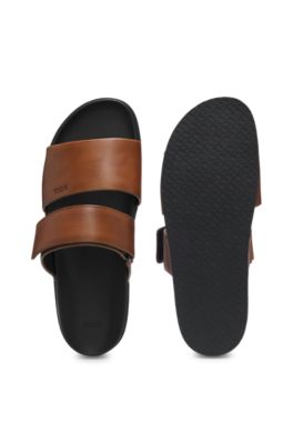Leather slides with riptape strap, Dark Brown