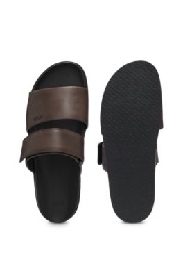 Leather slides with riptape strap, Dark Brown