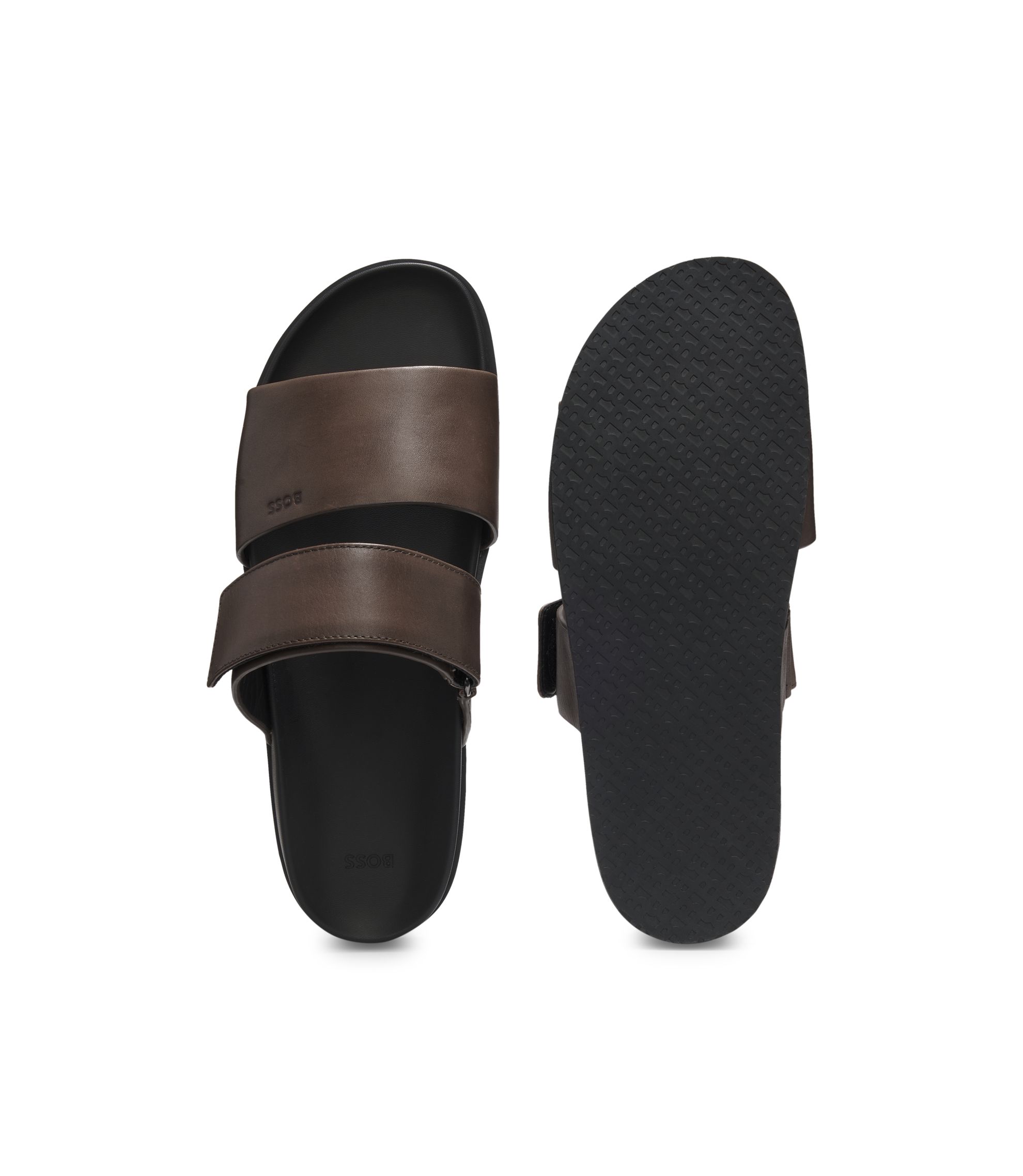 BOSS - Leather slides with riptape strap - Dark Brown display picture 2