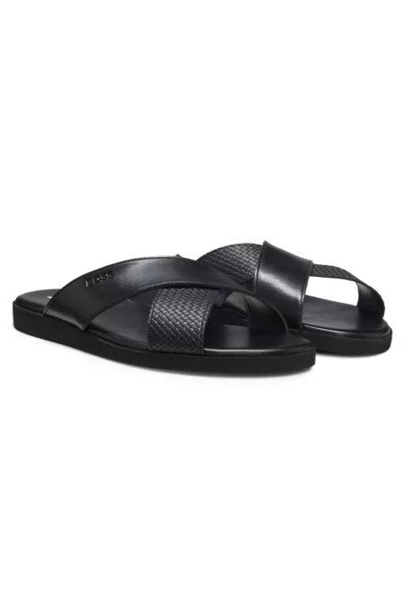 Faux-leather slides with plain and patterned straps