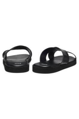 Faux-leather slides with plain and patterned straps, Black