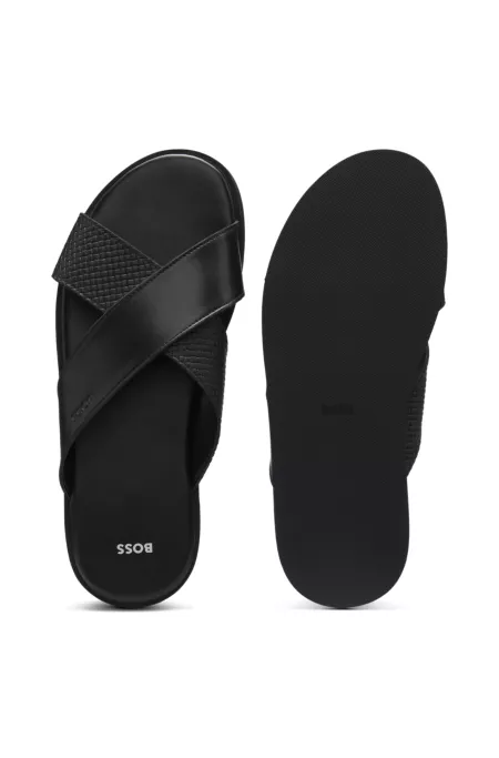 Faux-leather slides with plain and patterned straps
