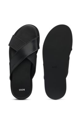 Faux-leather slides with plain and patterned straps, Black