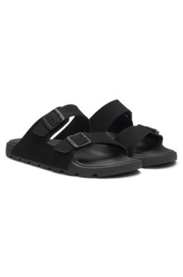 Two-strap slides with branded buckles, Black