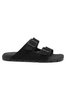 Two-strap slides with branded buckles, Black