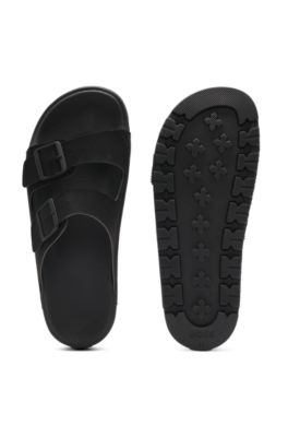 Two-strap slides with branded buckles, Black