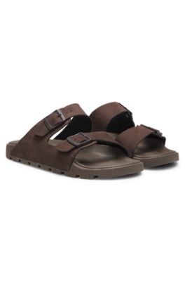 Two-strap slides with branded buckles, Dark Brown