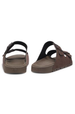 Two-strap slides with branded buckles, Dark Brown