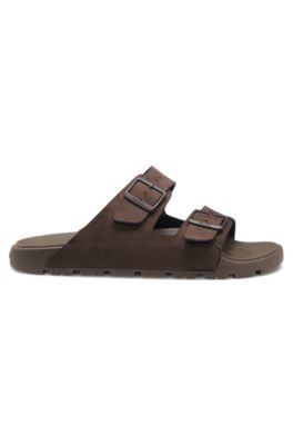 Two-strap slides with branded buckles, Dark Brown