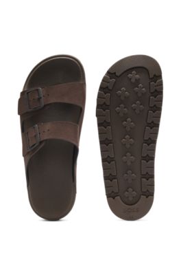 Two-strap slides with branded buckles, Dark Brown