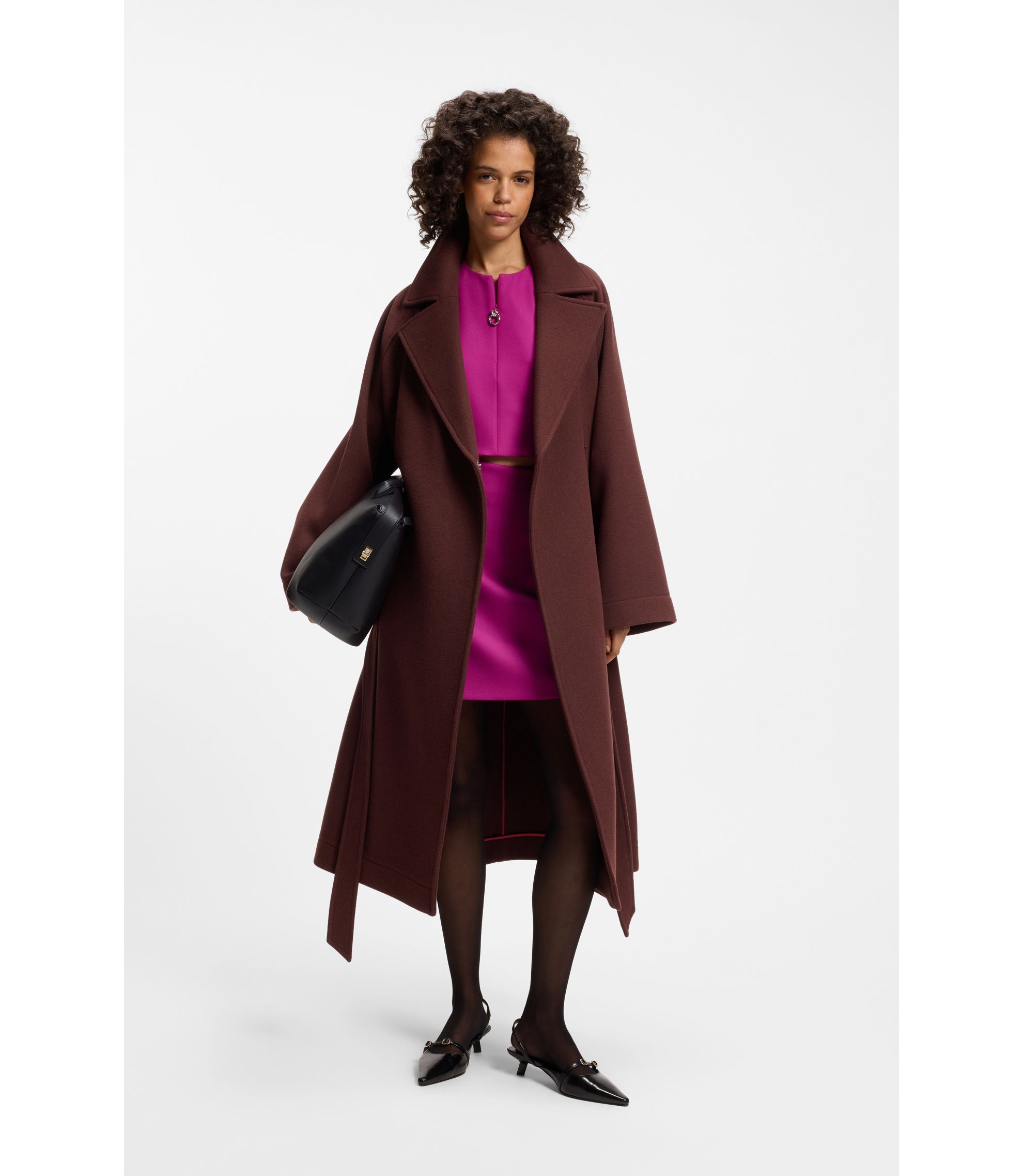 HUGO - Belted coat in a wool blend - Brown