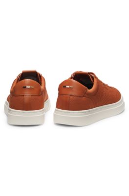 Lace-up trainers with knitted uppers and leather trims, Brown