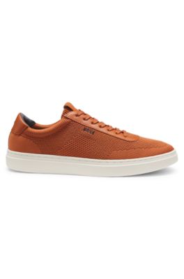 Lace-up trainers with knitted uppers and leather trims, Brown