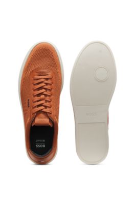 Lace-up trainers with knitted uppers and leather trims, Brown
