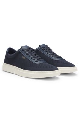 Lace-up trainers with knitted uppers and leather trims, Dark Blue