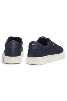 Lace-up trainers with knitted uppers and leather trims, Dark Blue