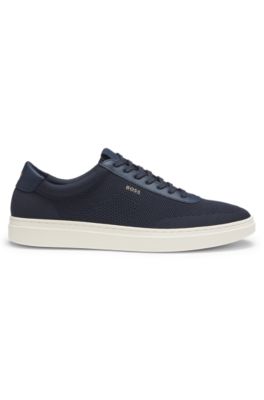 Lace-up trainers with knitted uppers and leather trims, Dark Blue