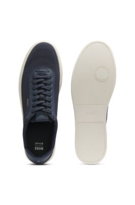 Lace-up trainers with knitted uppers and leather trims, Dark Blue