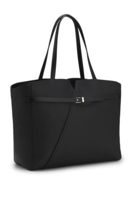 BOSS REVERS tote bag in leather with belt detail, Black