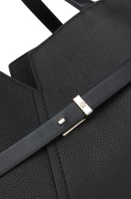 BOSS REVERS tote bag in leather with belt detail, Black