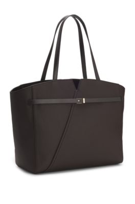 BOSS REVERS tote bag in leather with belt detail, Dark Brown